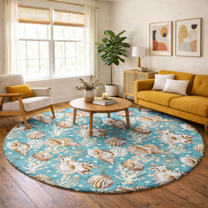 Premium Machine Washable Dream Shag ADS185 Shells Rug, Aqua, 8' Round