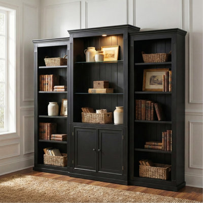 78.75'' Tall 3-Pieces Bookcase, Display Cabinet With 5 Colors Adjustable LED Ceiling Light, Retro Style Bookshelves With Tempered Glass Shelves For Living Room, Office, Studio Or Workspace