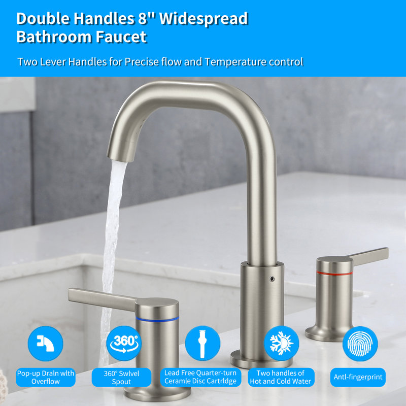 8 In. Widespread Double-Handle Bathroom Faucet Set 3-Holes Vanity Sink, Brushed Nickel