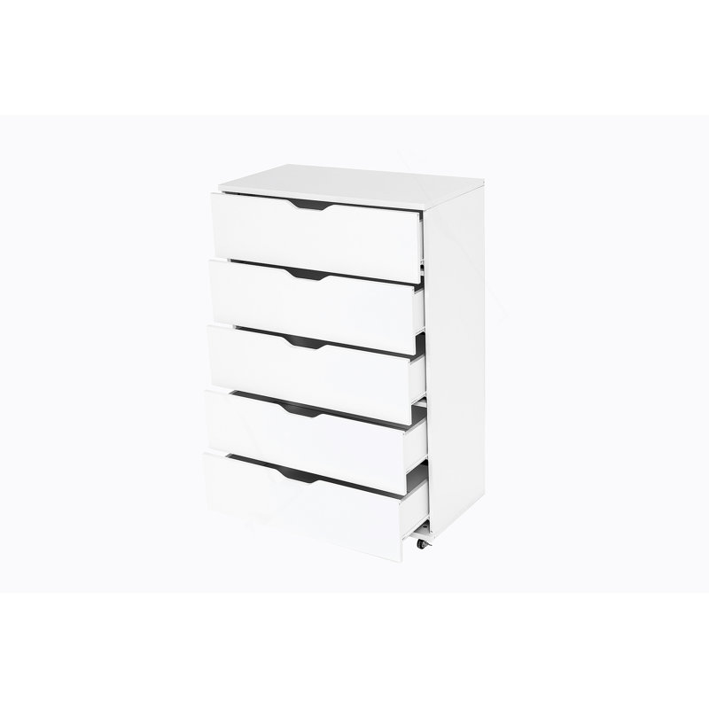 Commode à 5 tiroirs avec roulettes, Blanc
