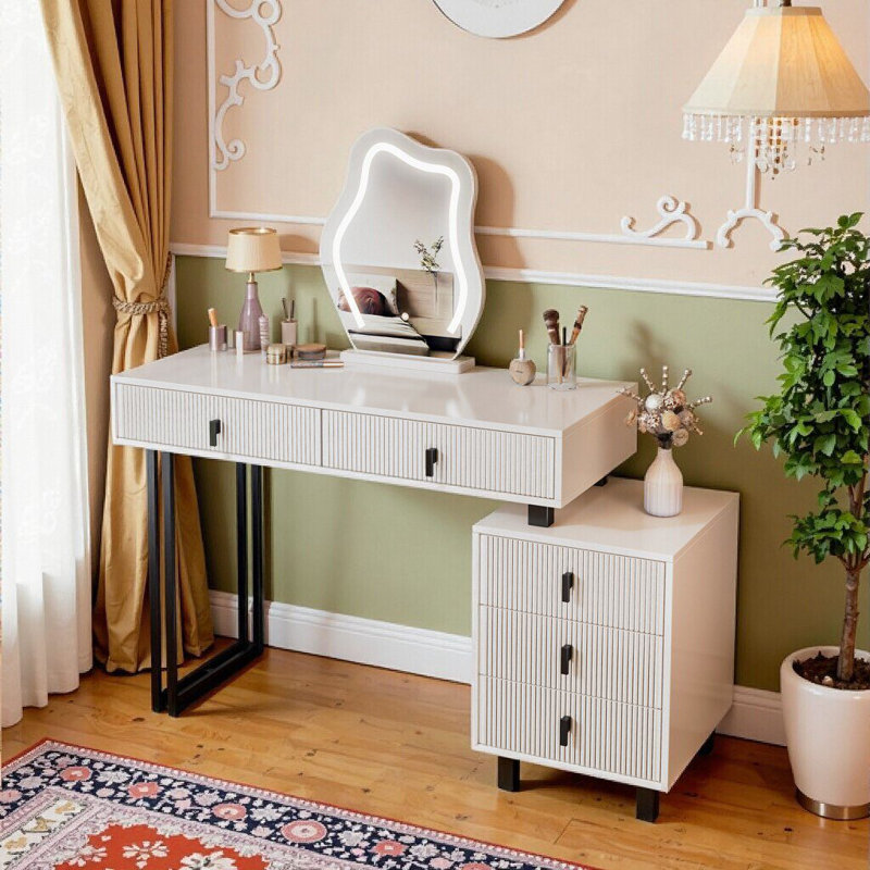 Adjustable Vanity With Led Mirror - Modern Makeup Table With Storage Drawers & Side Cabinet For Bedroom