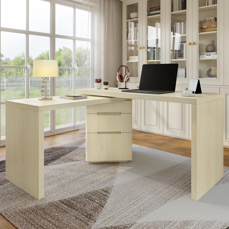 Bureau moderne en forme de L en noyer avec 3 tiroirs, Bois naturel