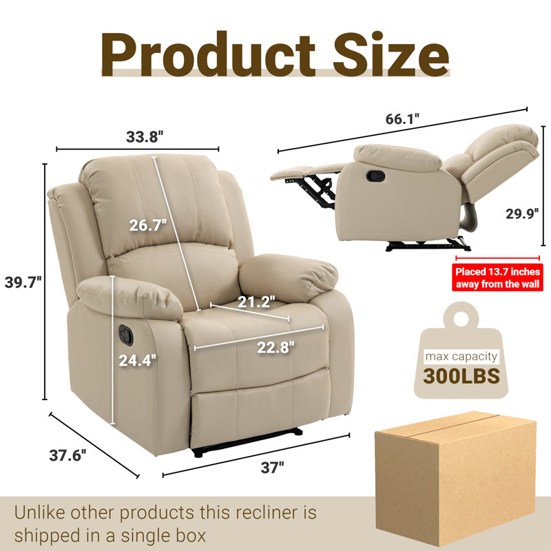 37" Wide Standard Manual Recliner PU Leather, Beige