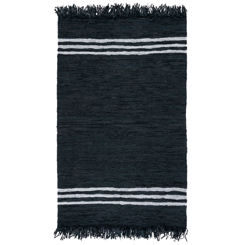 Tapis noir / ivoire en cuir tissé à la main Kyrae, Rectangle 3 pi x 5 pi