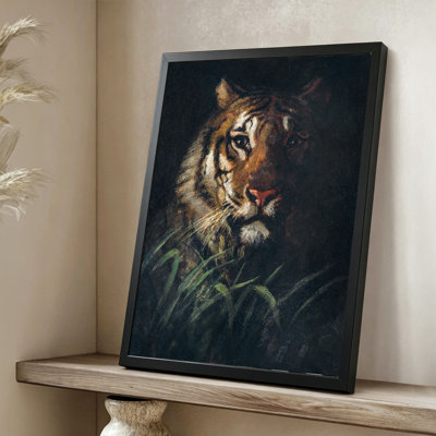 Tigre abstrait moderne dans l'ombre: regard intensément, peinture à l'huile réaliste. Art mural 24 "x 36" avec cadre en bois noir