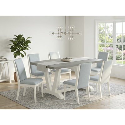 L'ensemble de table de cuisine 7 pièces contient une table en bois de ciment et 6 chaises rembourrées en tissu bleu lin à haut dossier - Lin brossé blanc.