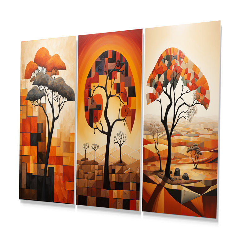 «Cubist African Tree Landscape I», ensemble de 3 reproductions d'art mural en métal, H 32 po x l 48 po