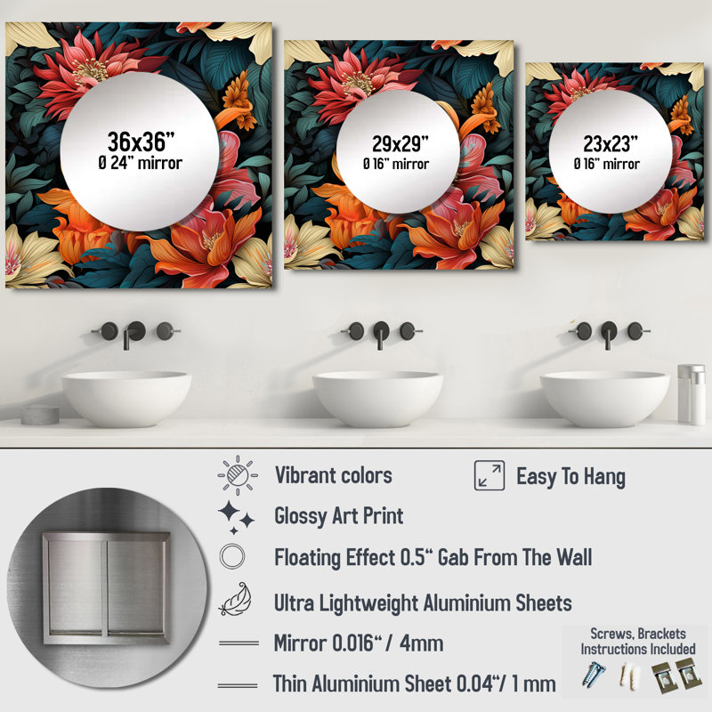 Modern Tropical Botanical Pattern I - Bohemian & Eclectic Square Mirror Wall Art For Bathroom, 29" x 29"