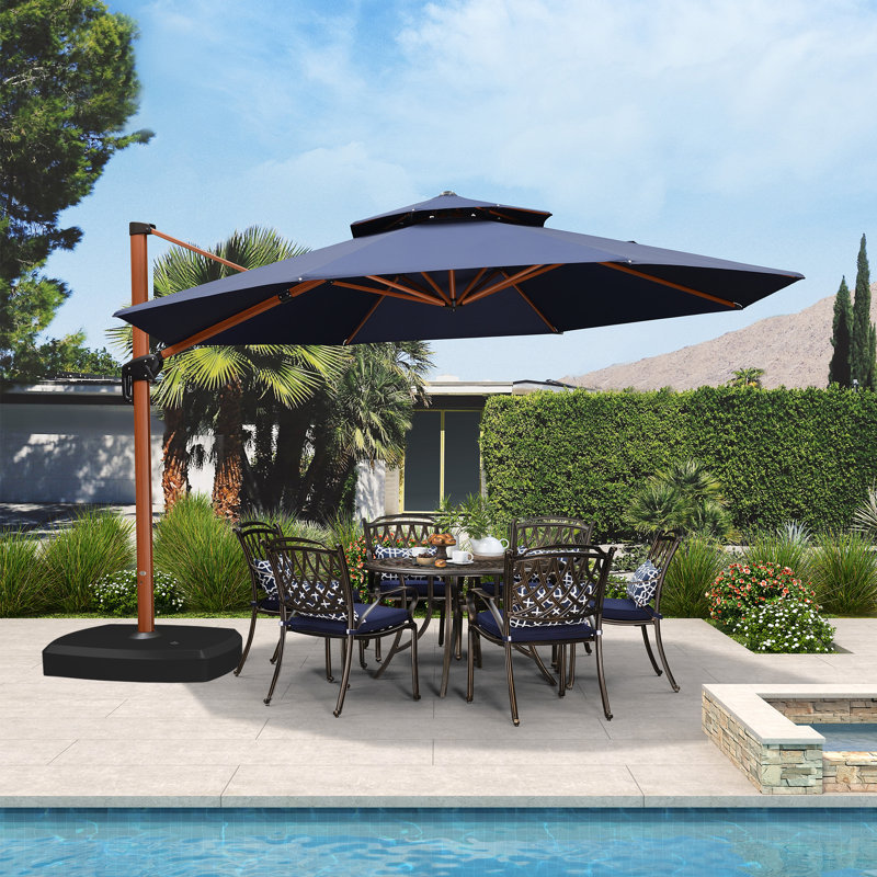 Parasol en porte-à-faux rond en bois avec base à roulettes 13 pi x 13 pi, bleu marine, Marine