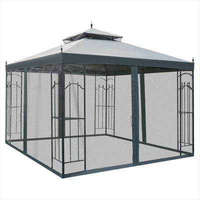 Square polyester soft-top gazebo with double canopy and integrated corner shelves, slate gray, 9.8 ft x 9.8 ft