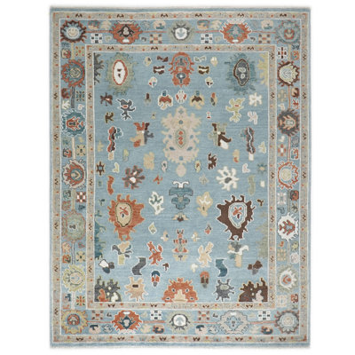 Tapis bleu en laine noué à la main 8 pi 10 po x 12 pi 2 po Oushak