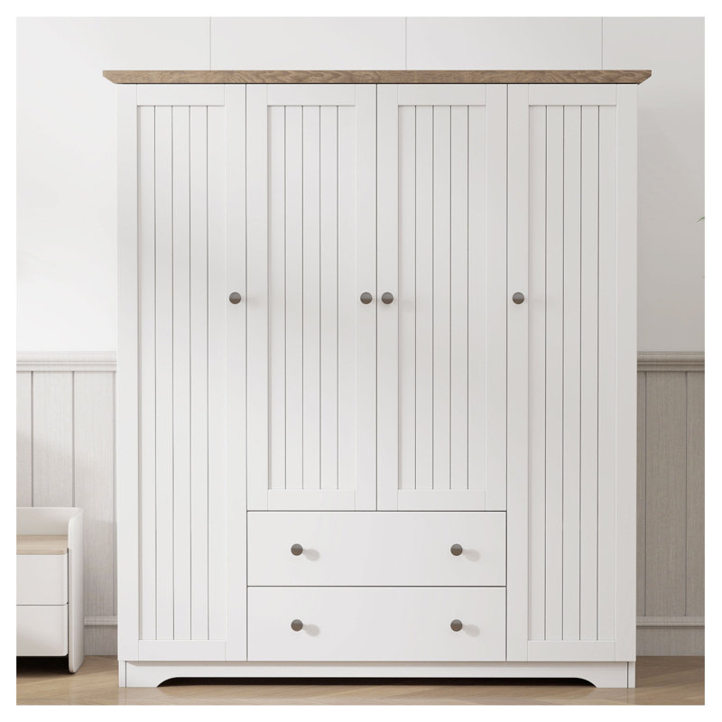 Armoire penderie 4 portes avec 2 tiroirs, blanc, White