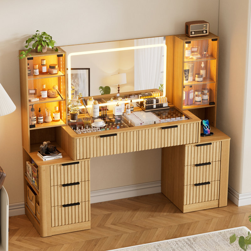 59" Large Makeup Vanity With Led Lights And 3 Light Modes, 8 Drawers and Power Outlet