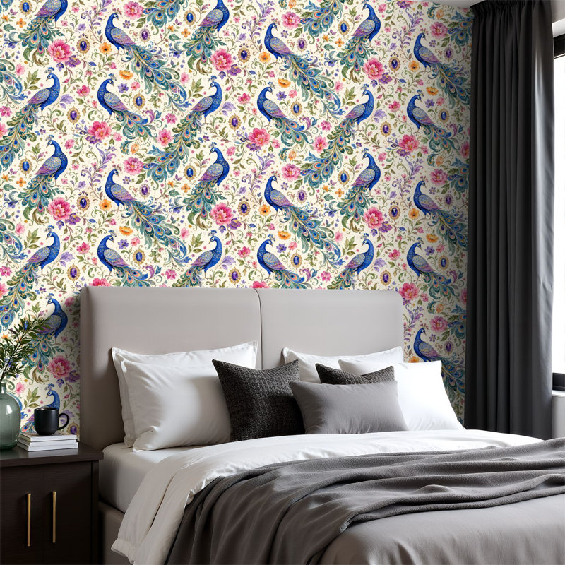 Rouleau de papier peint pelez et collez amovible avec bordure florale plumes de paon colorées 23,6 po x H 118 po