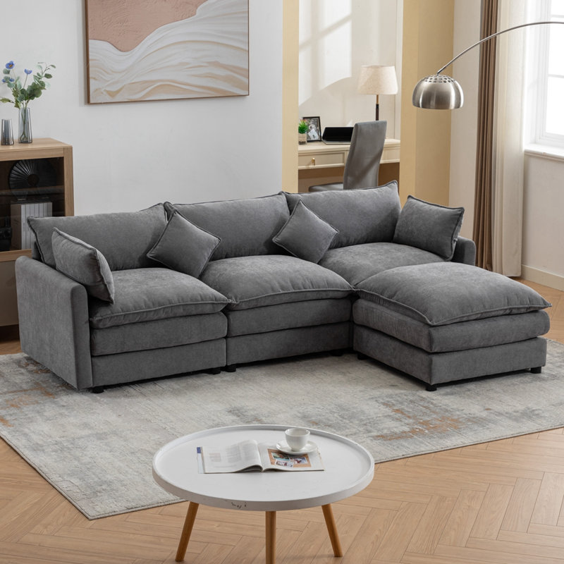 Majuma Chenille Fabric Upholstered 3-Seater Sofa with Ottoman, Gray