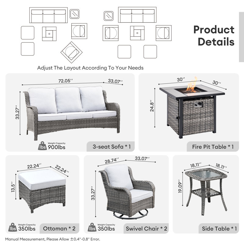 7 Piece Rattan Sofa Seating Group with Fire Pit and Cushions, Grey, Grey