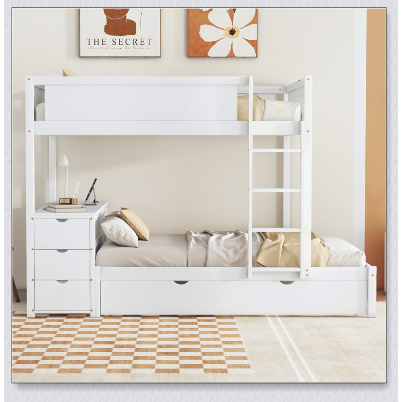 Full-Over-Full Bunk Bed With Twin Size Trundle, Storage And Desk, White