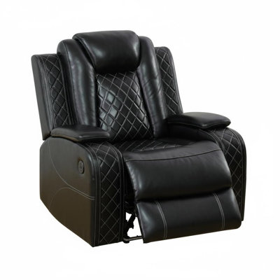 Power Leather Recliner Sofa Chair, Living Room Furniture Sets, Breathing Leather Reclining Couch Chair, Single Black Recliner With Padded Arm/Charging Port/LED For Home Theater/Office, Black