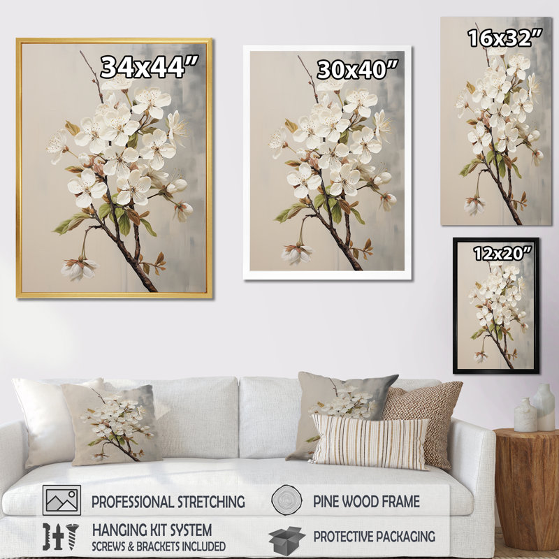 «White Apple Blossom Whispers», reproduction sur toile_106415, Cadre naturel flottant, H 32 po x l 16 po x P 1 po