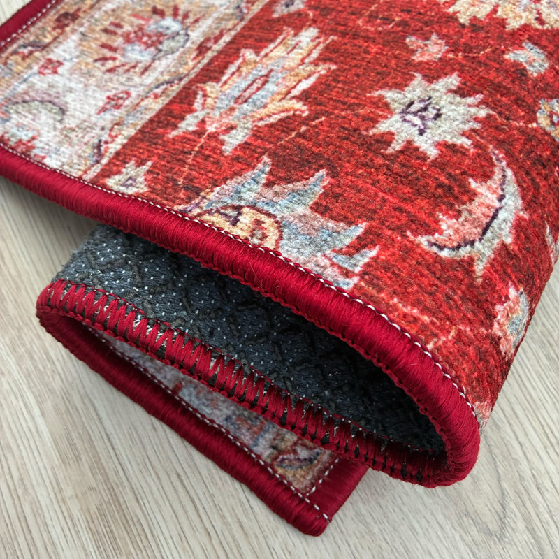 Tapis d'escalier à motif sur velours rouge lavable à la machine sur mesure, Rectangle 32 po x 7 po