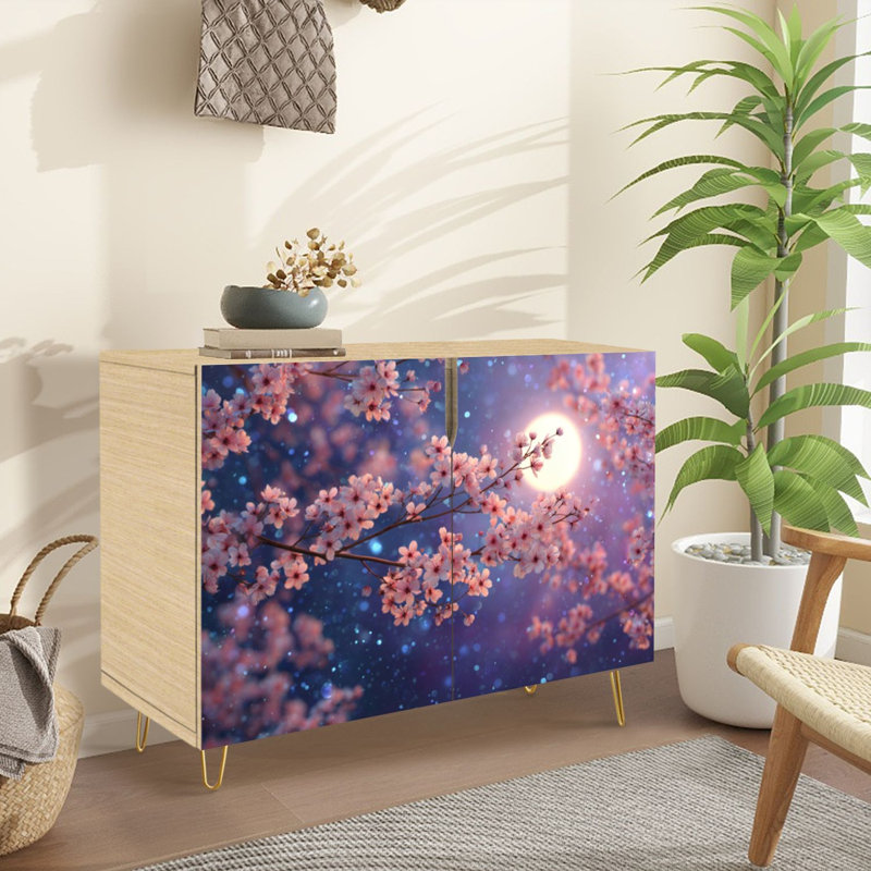 Buffet buffet avec rangement Cherry Blossom Branches Floating Petals Stars avec 2 portes pour le salon et la cuisine