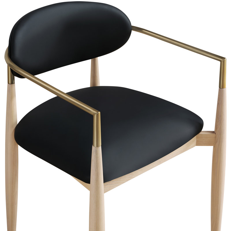 Eligah Vegan Leather Upholstered Dining Arm Chair, Stained Natural / Brushed Brass, Black Vegan Leather
