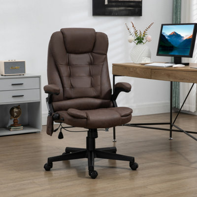 Fauteuil de bureau à 6 points de massage vibrant avec chaleur, fauteuil de bureau de direction à haut dossier en microfibre avec dossier inclinable, accoudoirs rembourrés et télécommande, café