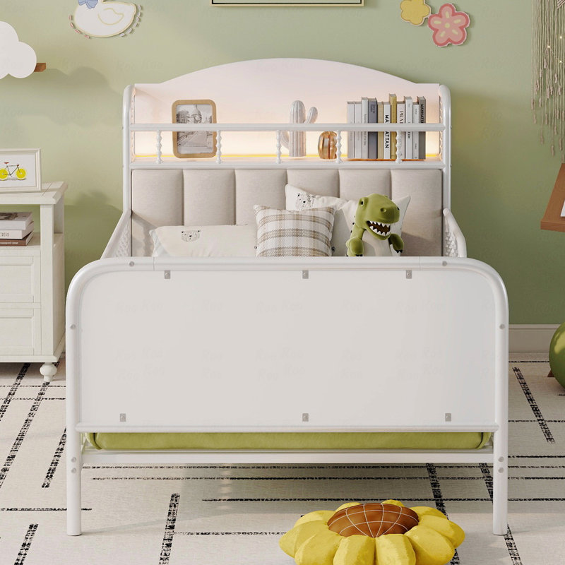 Lit plateforme simple en métal avec lumière, pour chambre d'enfant Lit simple en métal avec design rembourré et avec rangement