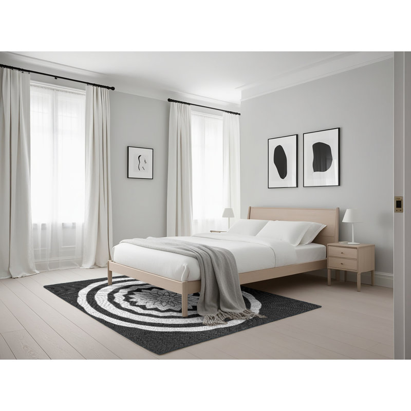 Tissé à la machine à la machine à motif floral en laine et polyester noir/gris Tapis décoratif, Rectangle 5 pi x 7 pi