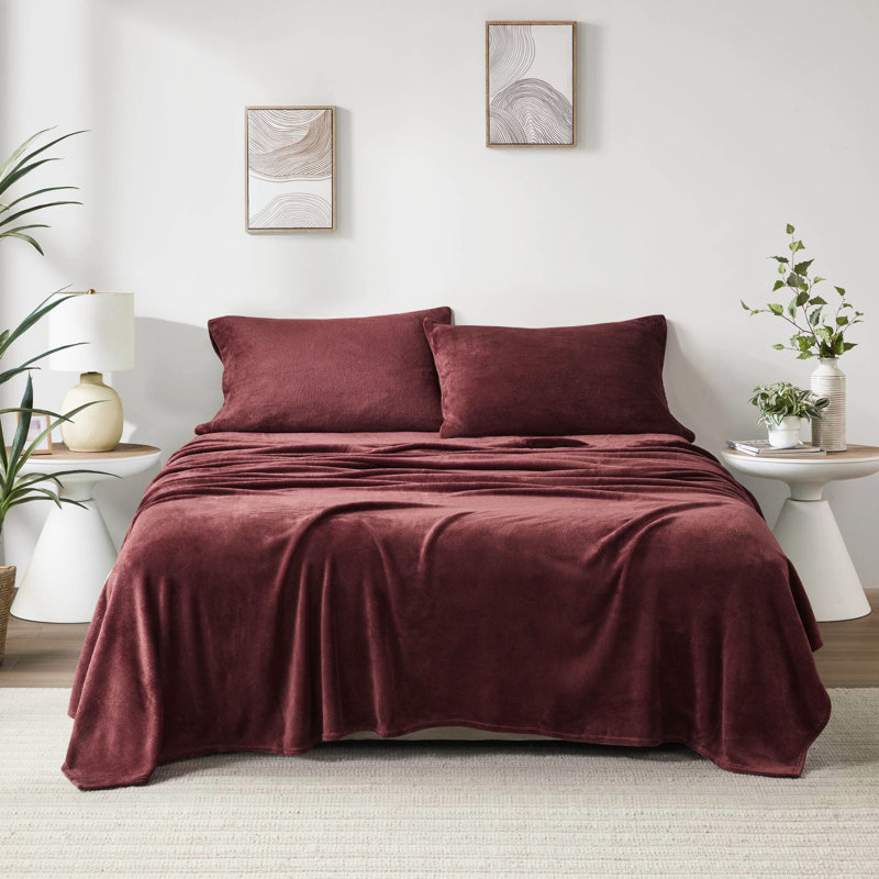 Ensemble de draps pour grand lit 4 pièces 100% ultra doux bourgogne avec draps-housses plats et 2 taies d'oreiller brossées des deux côtés Lavable à la machine