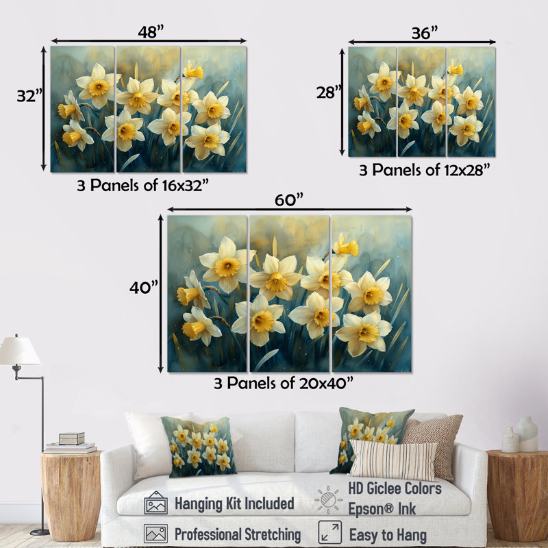 Ensemble de salon art mural jonquilles blanc et jaune, Toile tendue, H 32 po x l 48 po x P 1 po