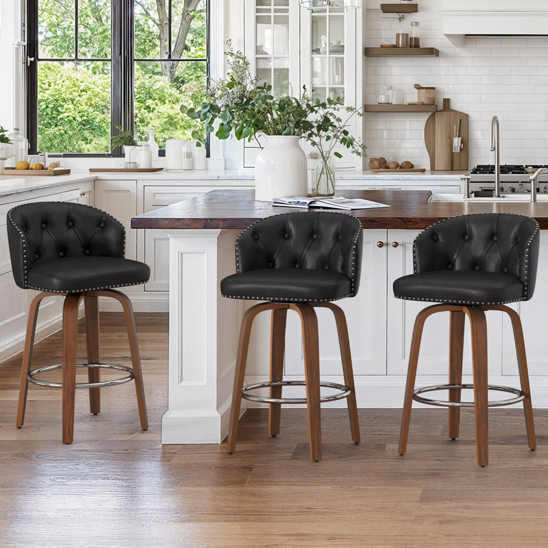 Swivel Upholstered Counter & Bar Stool With Wood Frame (Set Of 3), 3, Black/Walnut