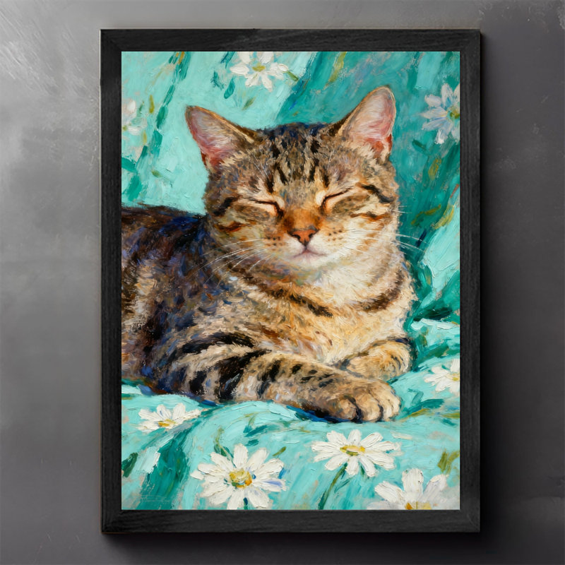 Chat noir encadré noir avec motif floral bleu, impressions de style rétro, H 11 po x l 9 po