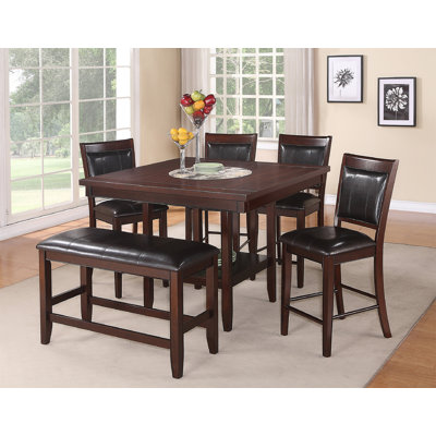 6Pc Dining Set Contemporary Farmhouse Style Counter Height Lazy Susan Dark Brown Espresso Finish Faux Leather Upholstered Chairs Bench Wooden Wood Ven -  Red Barrel StudioÂ®, FBEFEA27E2AA42FC8056450150262F41