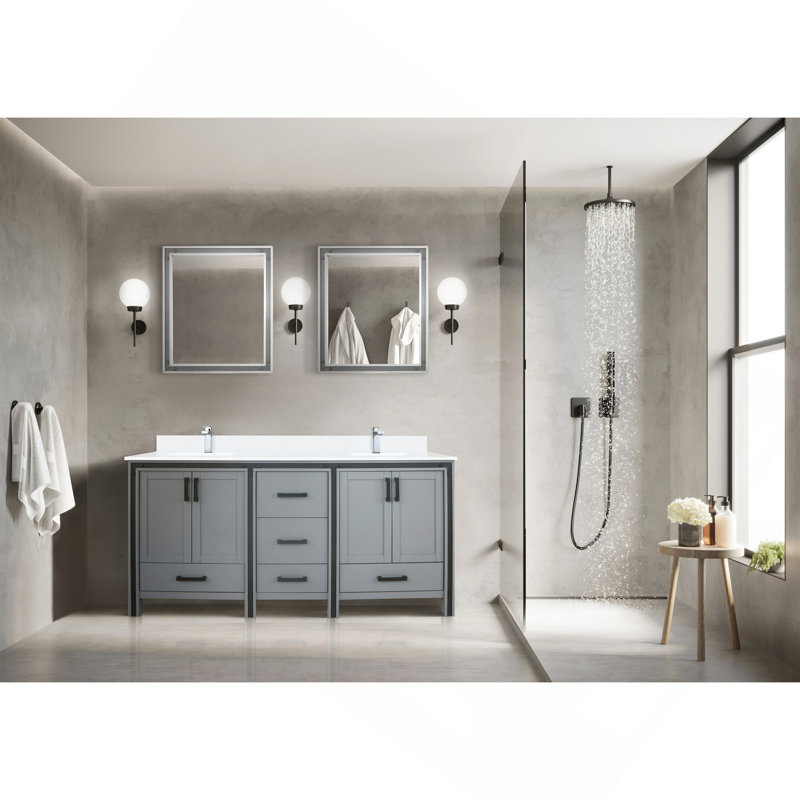 Meuble-lavabo double gris foncé de 72 po X P 22 po , Comptoir en quartz blanc, ensemble de robinets et Miroirs, Gris foncé