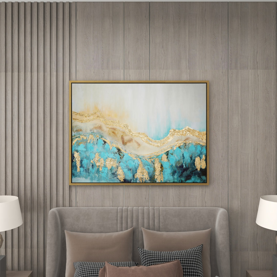 Prolley Canvas Wave Abstract Blue Framed Wall Art with Gold Foil Accents Mercer41
