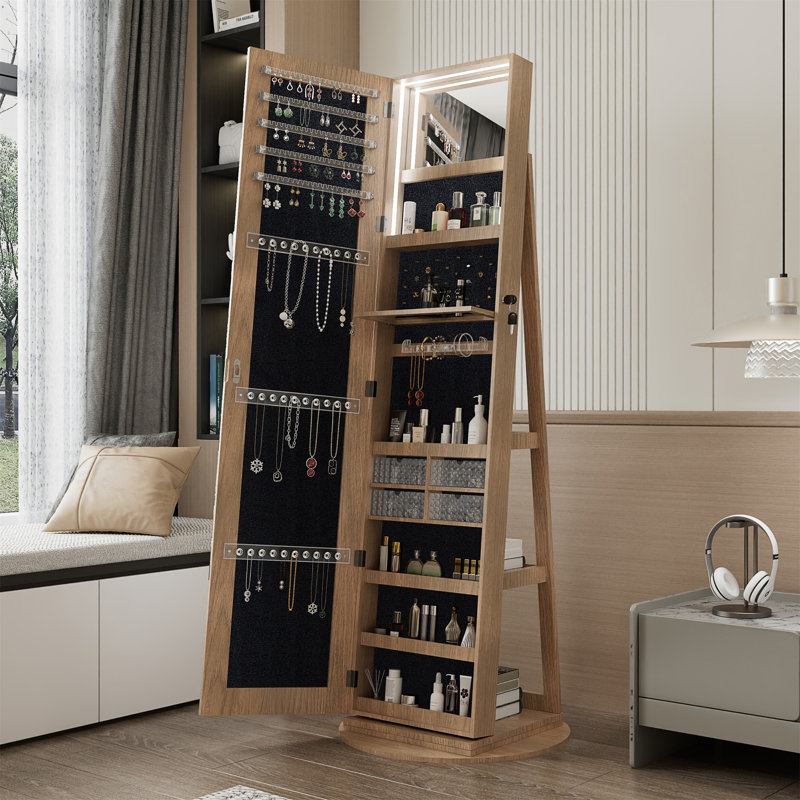 360° Swivel Jewelry Cabinet with Full Length Mirror, Lockable Storage, and Interior Lighting, Light Walnut Finish