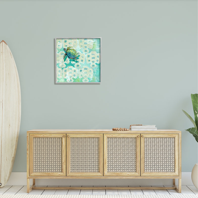 Motif géométrique de tortue de mer - cadre flottant, impression sur bois, H 24 po x l 24 po x P 1,5 po