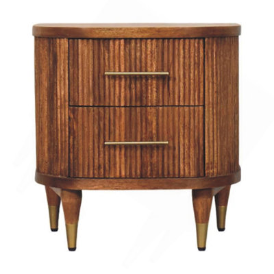 Wood Ribbed Bedside With Brass Accents,Brown, 2-Drawers