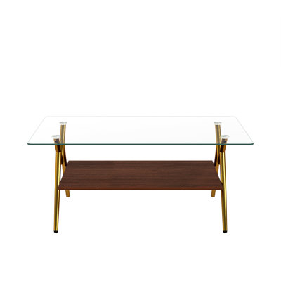 Rectangle Coffee Table With Tempered Glass Top And Metal Legs, Modern Table For Living Room , Transparent Glass