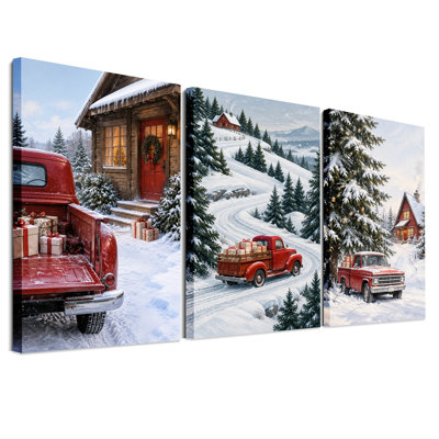 " Red Vintage Truck with Gifts in Snowy Christmas " 3 Piece Art
