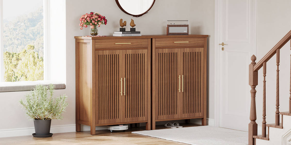 Ishpreet 5-Tier Shoe Storage Cabinet With Doors And Drawer, Wooden Shoe Rack Organizer