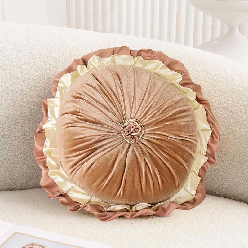 Ruffled Velvet Reversible Throw Pillow, Light Brown, 14.9"H x 14.9"W