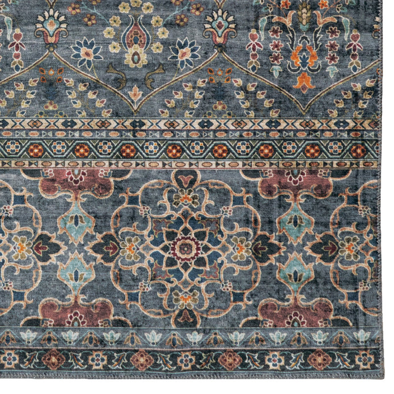 Aspers Machine Washable Teal and Ivory Area Rug, Runner 2' x 8'
