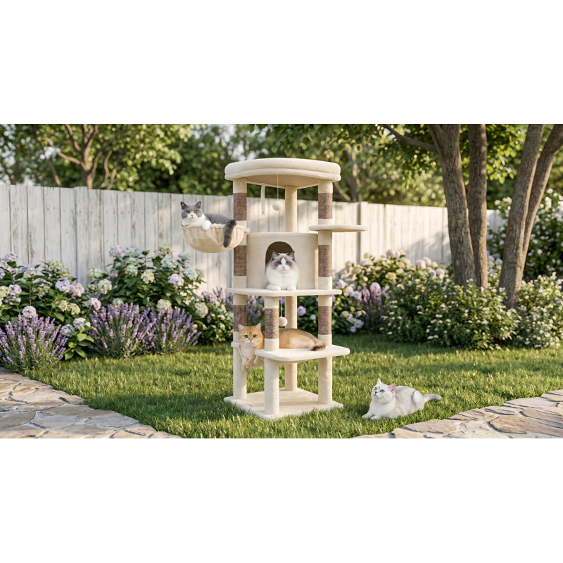 Arbre à chat d'angle, tour à chat moderne courbée 51 po, hamac, 7 poteaux à griffer en sisal, grande plateforme en forme d'éventail pour grands chats, maisonnette pour chat, panier suspendu