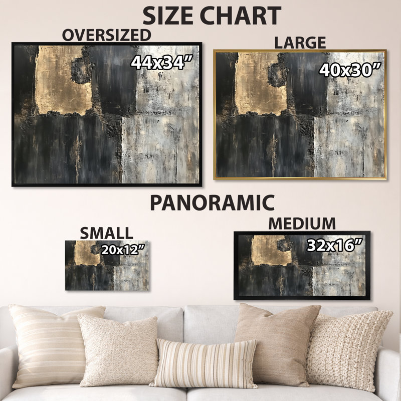 Collage abstrait de dalles or, noir, gris et noir II - Tableau encadré, H 12 po x l 20 po, Gold Picture Framed