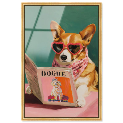 Décoration murale Corgi and Her, impression sur toile rose encadrée par Art Remedy, cadre doré, 10 x 15