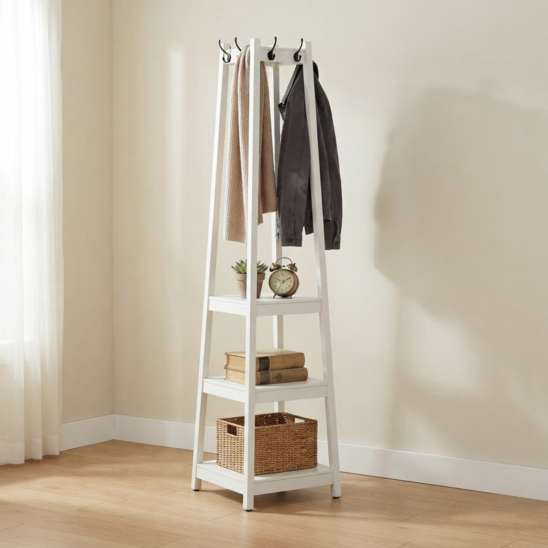 Portemanteau avec tablettes de rangement à 3 niveaux, White