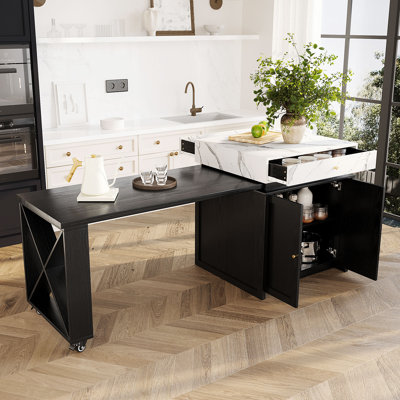 U_STYLE Modern Imitation Marble Counter Height Dining Table for 4, Extendable Kitchen Island Cart with Wheels, Farmhouse Bar Table with Adjustable She