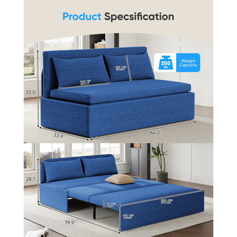 Canapé-lit convertible sans accoudoirs avec méridienne réversible et tissu en lin, Bleu